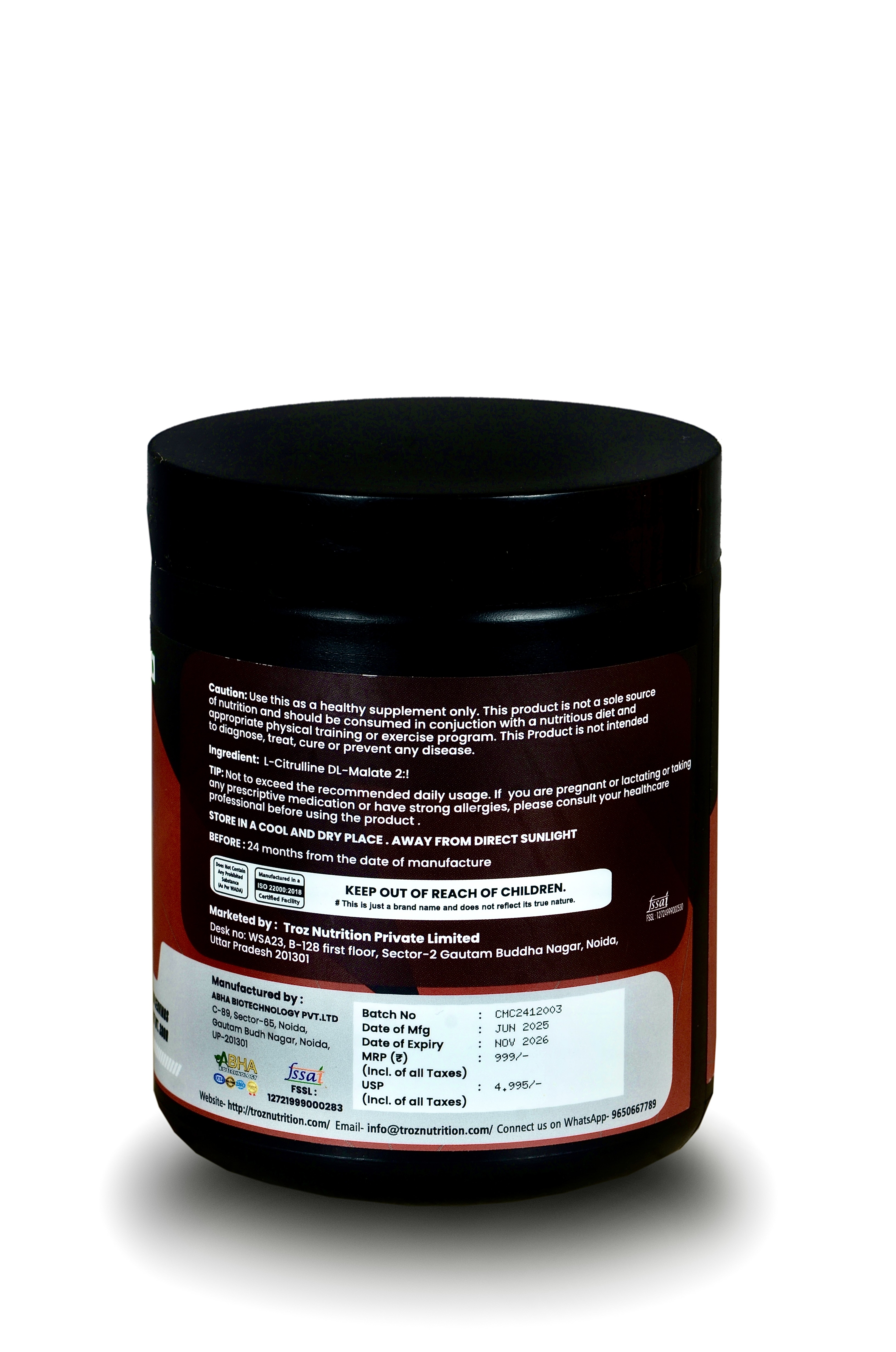 Troz Citrulline Malate [100 Servings]|2000 Mg|Pre Workout Powder|Enhance Muscle Pumps|Improve Muscle Vascularity|Nitric Oxide Booster| 200 Gm