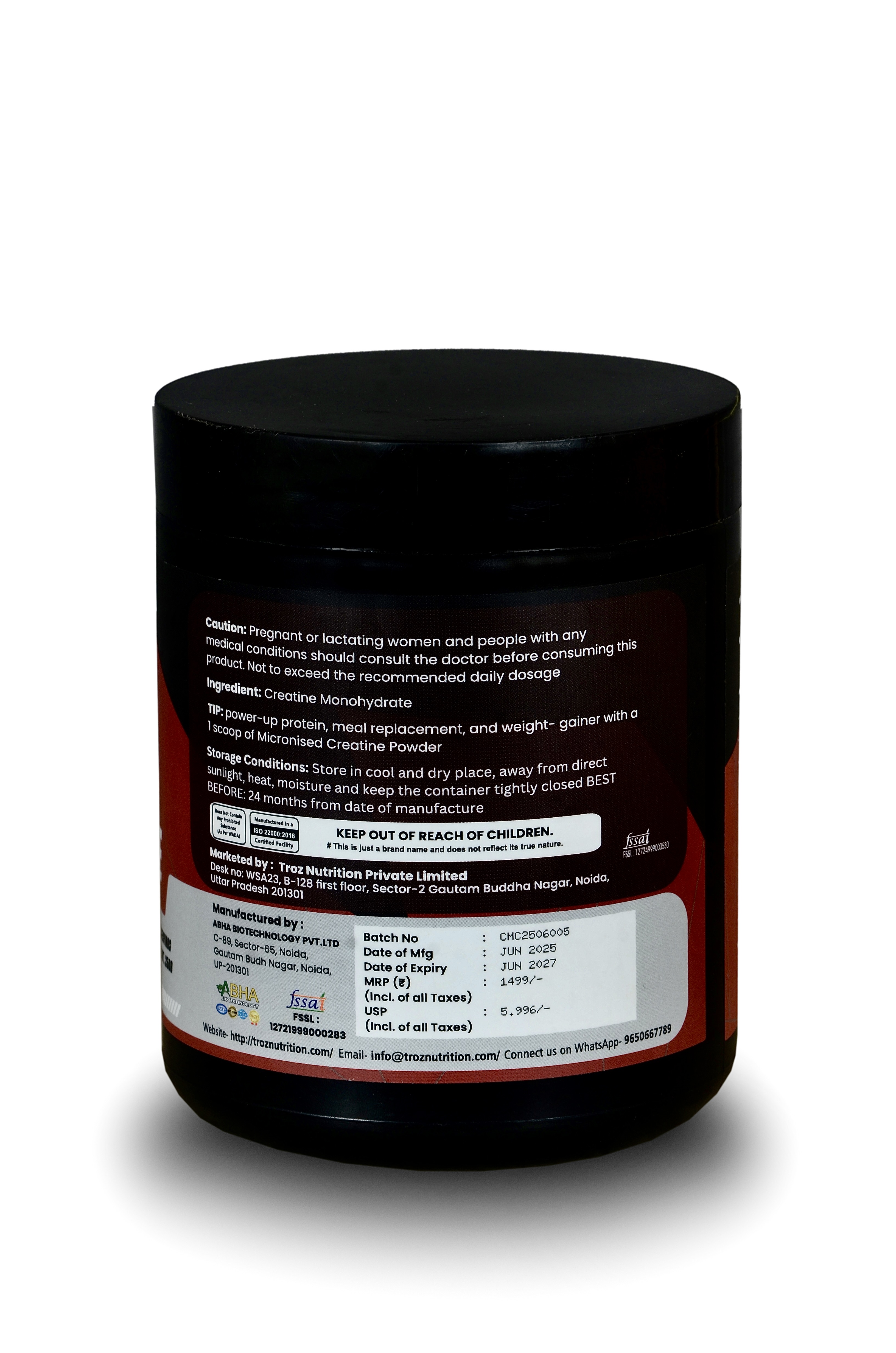 Troz - Creatine Monohydrate Micronised (250g, 83 Servings) 100% Pure Creatine | Unflavored | Supports Athletic Performance and Power