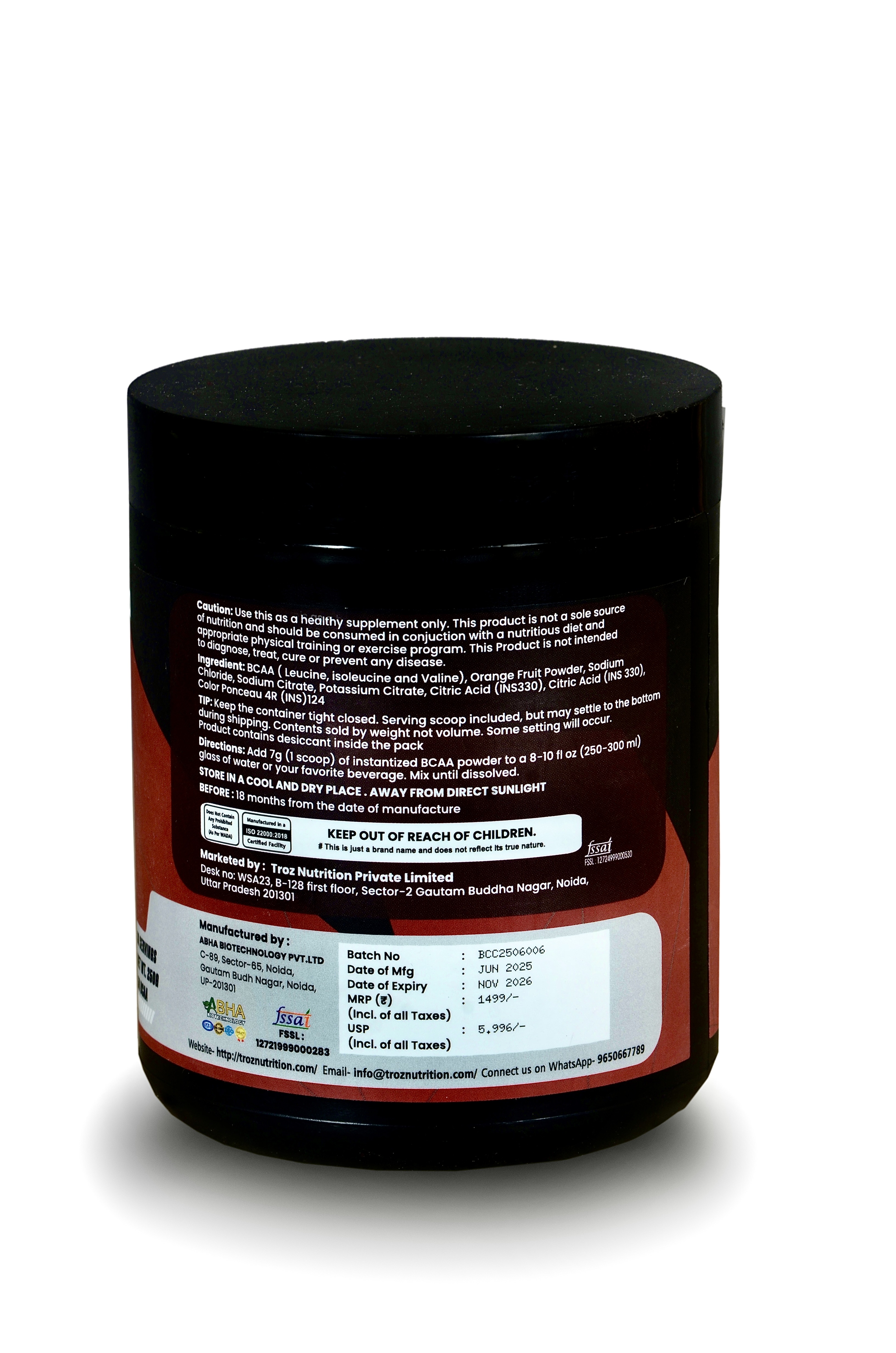 Troz BCAA Pure-Amino -250 gm (36 Servings) With Complete Ratio of 2:1:1 for Recovery & Performance Boost,Energy Powder (Fruit Pumch)